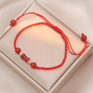 Handmade Red Woven String Bracelet With Natural Red Agate Barrel Bead Chinese Style Lucky Adjustable Jewelry For Women