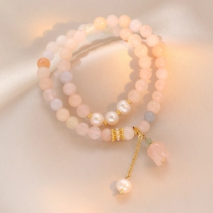 Double Strand Beaded Bracelet Natural Morganite Freshwater Pearl Tulip Flower Pendant New Chinese Style Handmade Jewelry
