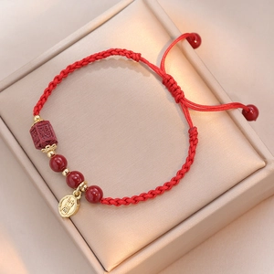 Red Braided Rope Bracelet With Cinnabar Beads And Gold Tone Good Fortune Charm Adjustable Chinese Style Jewelry Unisex