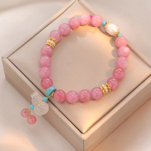 Rose Quartz Beaded Bracelet For Women With Artificial Pearl Turquoise Beads Golden Alloy Spacers And White Gourd Pendant