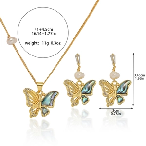Golden butterfly jewelry set with freshwater pearls and shell inlay for women