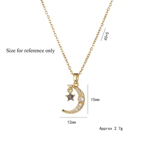 Gold moon and blue star zircon pendant necklace with size dimensions on white background