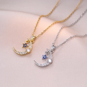 Star Moon Pendant Necklace Titanium Steel Blue Zircon Elegant Crescent Design Clavicle Chain Jewelry For Women
