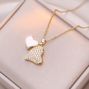 Heart Pendant Necklace Stainless Steel Double Hearts Shell Rhinestone Inlaid Clavicle Chain Elegant Jewelry For Women