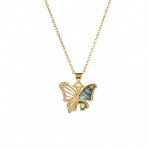 Gold butterfly necklace with mother of pearl and crystals on a 40+5cm adjustable chain