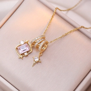 Collier Pendentif Étoile Acier Titane Zircon Rose Pierre Rectangulaire Bijoux Mode Coréenne Chaîne De Clavicule Élégante Pour Femmes