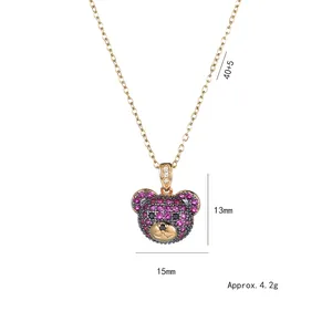 Cute bear zircon pendant necklace in gold finish with pink and black stones