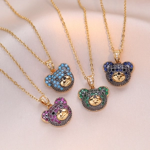 Teddy Bear Pendant Necklace Stainless Steel With Colorful Cubic Zirconia Micro Pave Shiny Clavicle Chain Jewelry For Women