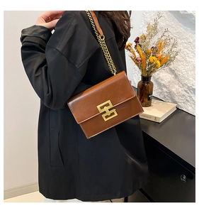 Brown retro flap bag with gold geometric buckle and chain strap shown on a model