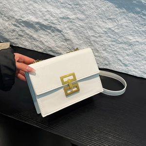 White faux leather crossbody bag with gold chain strap and rectangular lock detail