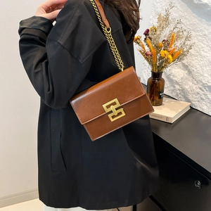 Vintage brown PU leather shoulder bag with gold chain strap and metallic hollow buckle