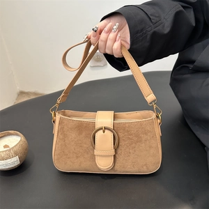 Vintage Frosted Suede Underarm Bag For Women Minimalist Solid Color Shoulder Bag With Large Metal Round Buckle Chic Handbag