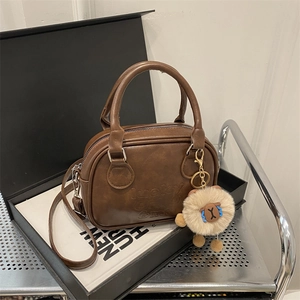 Women Retro PU Leather Boston Handbag Korean Fashion Large Capacity Shoulder Crossbody Bag With Embossing And Plush Charm