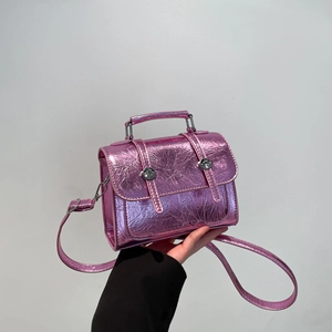 Fashionable Metallic Crinkled Small Square Bag For Women Laser Texture PU Leather Handbag Urban Simple Shoulder Crossbody Bag