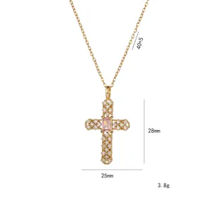 Collier croix avec zircons blancs et pierre rose, pendentif 28x25mm sur chaîne 40+5cm