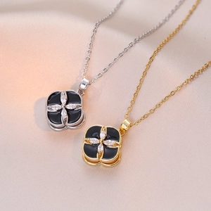 Rotating Windmill Four Leaf Clover Necklace Stainless Steel Black Enamel Zircon Clavicle Chain For Women
