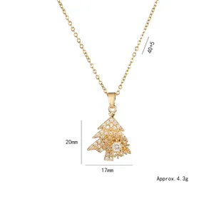 Rotating crystal Christmas tree pendant necklace in titanium steel with 40+5cm gold chain