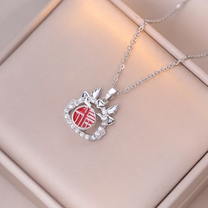 Rotating Pendant Necklace Stainless Steel With Cubic Zirconia Red Enamel Blessing Fu Character Chinese Style For Women