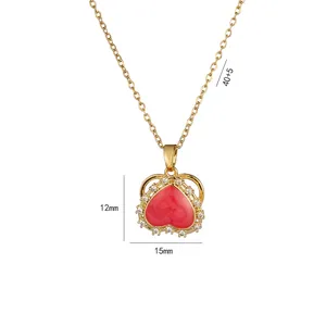 Golden heart necklace with red rose carving and zircon accents, length 40+5cm, 15x12mm