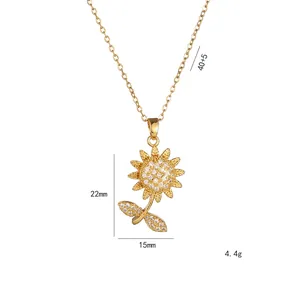 Golden titanium sunflower necklace with white zircons and 40+5cm adjustable chain