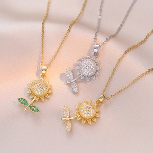 Titanium steel sunflower necklaces with sparkling zircon in gold and silver plating