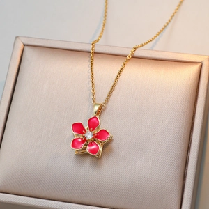 Flower Pendant Necklace Titanium Steel With Zircon Rotating Enamel Flower Elegant Fashion For Women