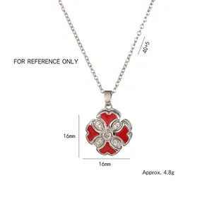 Rotating red flower pendant necklace with zircon inlays and titanium steel cross chain