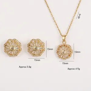 Zircon flower necklace and earrings set in gold finish stainless steel for women