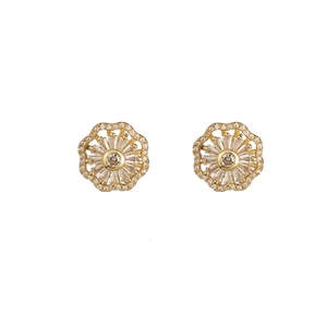 Luxury gold flower earrings with zircon stones and centered amber crystal in white background