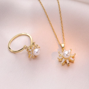 Collana Pendente Girasole Rotante Zircone Baguette Perla Artificiale Acciaio Inossidabile Placcato Oro Moda Per Donne
