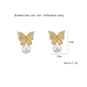 Elegant gold butterfly earrings with zircon inlay and pearls, 15mm by 12mm size
