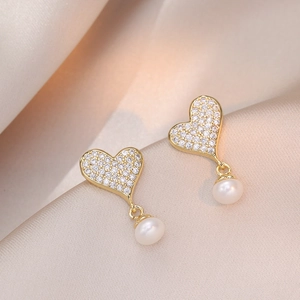 Orecchini Cuore Perla Acqua Dolce Zircone Con Perno In Argento Sterling 925 Stile Francese Per Donne