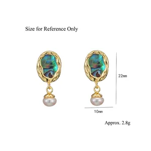 Retro abalone shell and freshwater pearl earrings with gold wavy texture edge