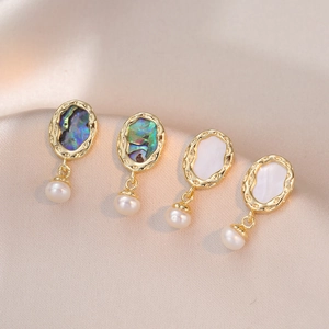 Retro Oval Abalone Shell Freshwater Pearl Drop Earrings With 925 Sterling Silver Earring Post Titanium Steel Women