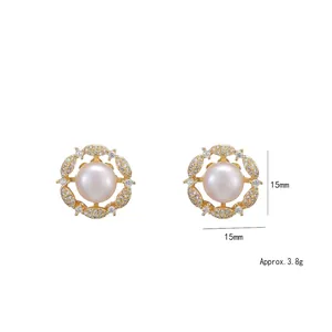 S925 silver needle pearl wreath earrings with zircon diamonds in gold finish, 15mm size