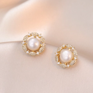 Camellia Flower Stud Earrings Freshwater Pearl Zirconia Copper Base 925 Sterling Silver Earring Post Vintage For Women