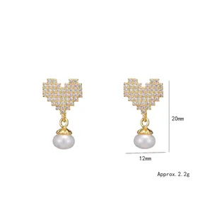 French style heart earrings with freshwater pearls and white zircon in gold finish