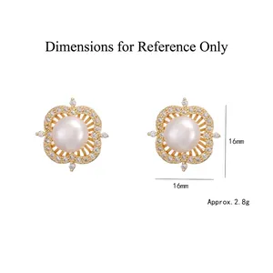 Minimalist freshwater pearl stud earrings with 16mm gold floral frame and micro zircons