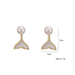 Elegant 925 silver mermaid tail earrings with freshwater pearl and golden finish