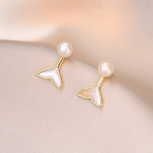 Mermaid Fish Tail Stud Earrings Copper With Freshwater Pearl Mother Of Pearl And 925 Sterling Silver Earring Post Women