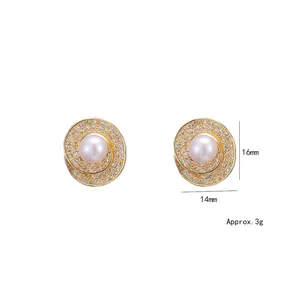 Geometric gold hoop earrings with freshwater pearl and zircon stones, 16mm x 14mm size