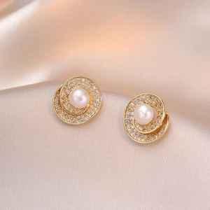 Geometric Freshwater Pearl Earrings Cubic Zirconia Spiral Round Copper Jewelry With 925 Sterling Silver Earring Post Women