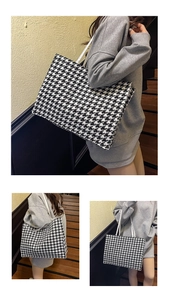 Detailed views of a houndstooth tote bag with white straps on a wooden staircase