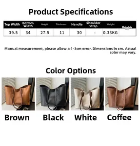 Detailed size chart and dimensions for the large capacity PU leather tote handbag