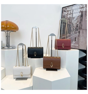 Chic woven shoulder bags with gold oval clasps and metal chains in various colors