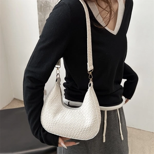 Fashionable white woven hobo bag for women with moon shape and gold metal hooks