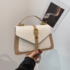 Women Woven Texture PU Leather Small Square Bag Contrast Color Printed Wide Shoulder Strap Fashion Crossbody Handbag Chic Satchel