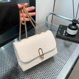 Woven Texture Crossbody Bag PU Leather Gold Chain Strap Metal Lock Fashionable Shoulder Handbag For Women Street Style Chic
