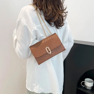 Brown woven texture leather crossbody bag with gold buckle and chain strap for women