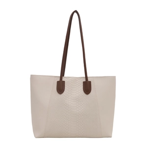 Elegant beige tote bag with snake pattern texture and dark brown shoulder straps